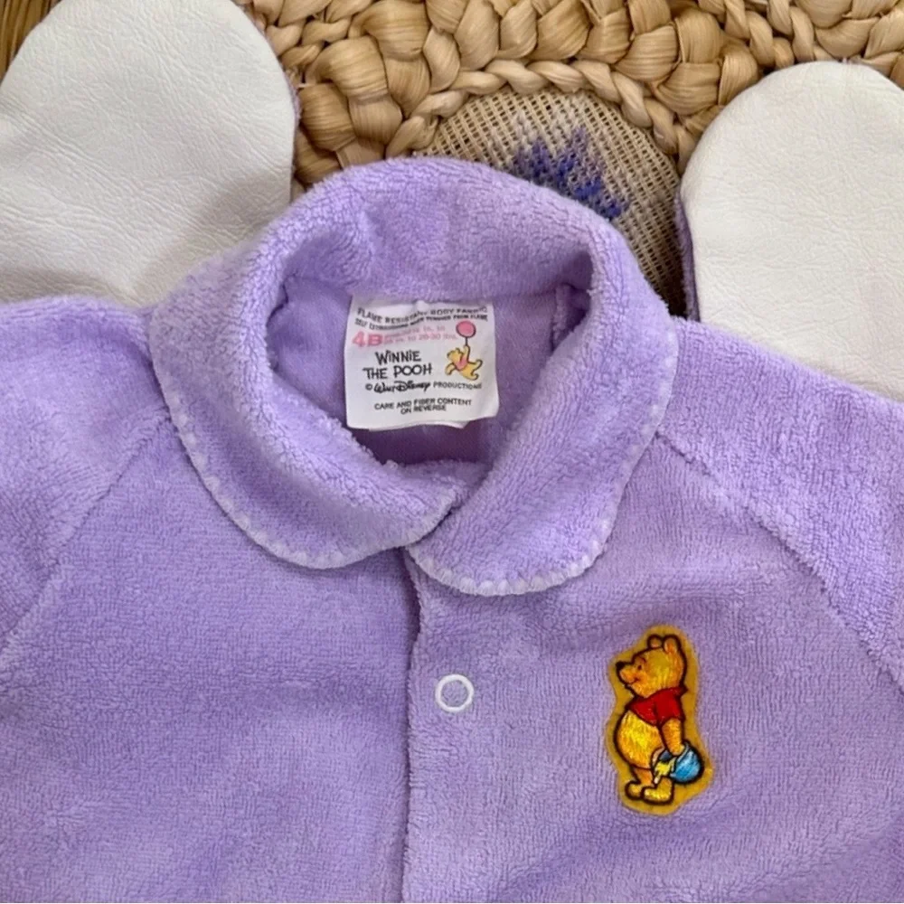Vintage Disney Winnie Pooh Baby Girl Pajamas Lavender Button Footie Terry Cloth